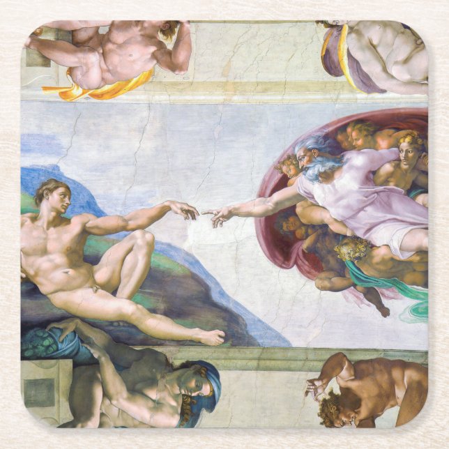 Michelangelo - Creation of Adam, Sistine Chapel's Square Paper Coaster (Front)