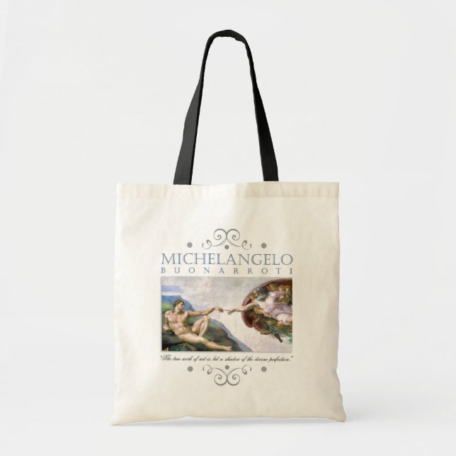 Michelangelo Creation of Man Painting with Quote Tote Bag (Front)