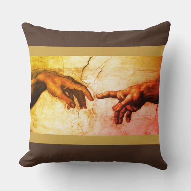 Michelangelo hands vintage art on brown throw pillow (Front)