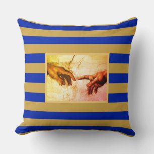 Michelangelo hands vintage art on golden & blue throw pillow
