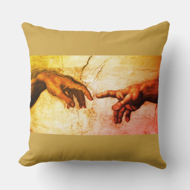 Michelangelo hands vintage art on golden throw pillow (Front)