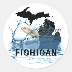 Michigan and big fish in water classic round sticker