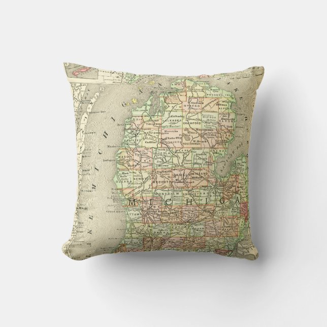 Michigan Antique Map Colourful State Mitten Throw Pillow (Front)