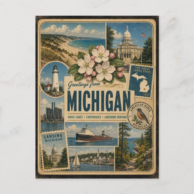 Michigan Authentic Vintage Style Postcard (Front)