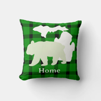 Michigan Bear Home in Buffalo Plaid Throw Pillow