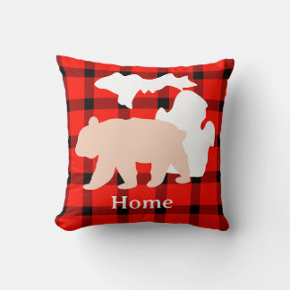 Michigan Bear Home in Buffalo Plaid Throw Pillow