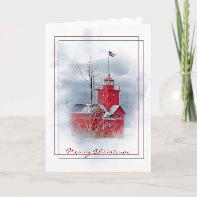 Michigan Big Red lighthouse in winter Holiday Card (Front)