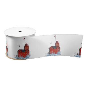 Michigan "Big Red" Lighthouse Satin Ribbon