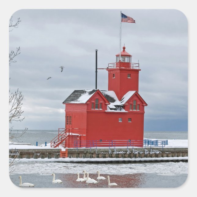 Michigan Big Red Lighthouse Winter Swans Square Sticker (Front)