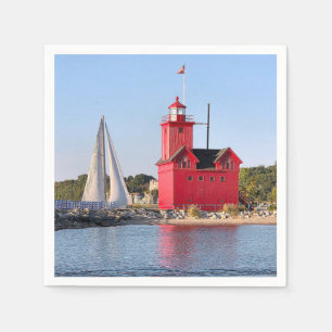 Michigan Big Red Lighthouse With Sailboat Napkin