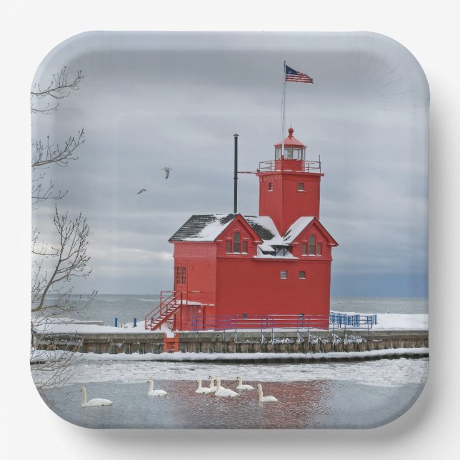 Michigan Big Red Lighthouse With Winter Swans Paper Plate (Front)
