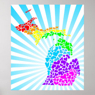 michigan burst rainbow hearts poster
