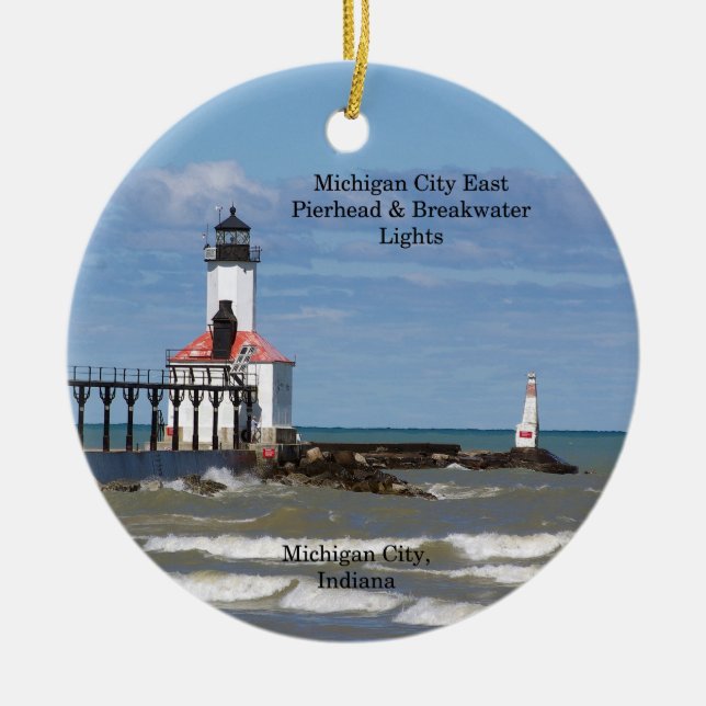 Michigan City Lighthouses round ornament (Front)
