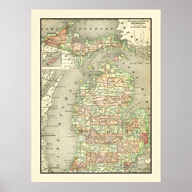 Michigan Colourful Antique Map State & Counties Poster (Front)