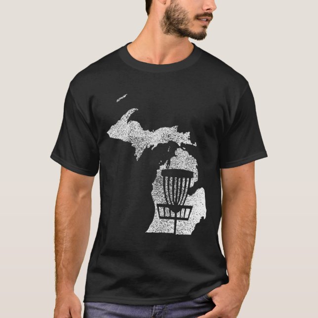 Michigan Disc Golf State with Basket Distressed Gr T-Shirt (Front)