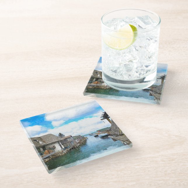 Michigan Fish Town Painting  Glass Coaster (Angled)