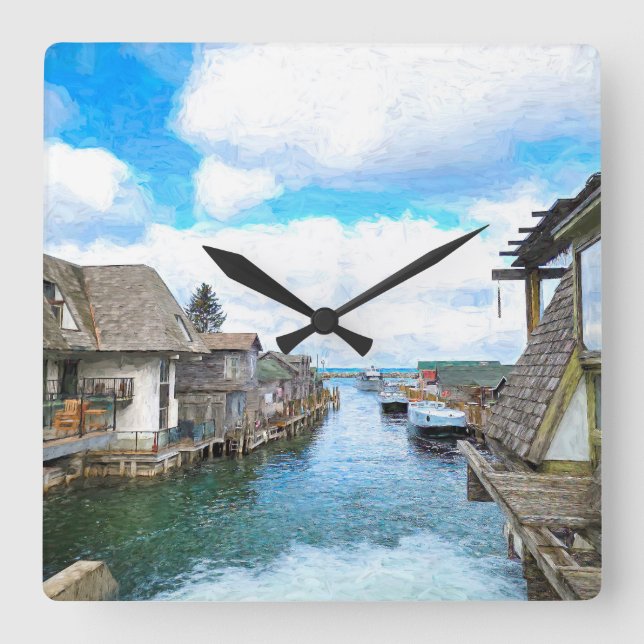 Michigan Fish Town Painting   Square Wall Clock (Front)