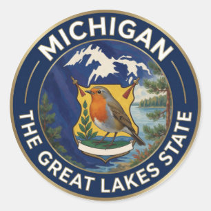 🌊 Michigan Flag and American Robin Great Lakes  Classic Round Sticker