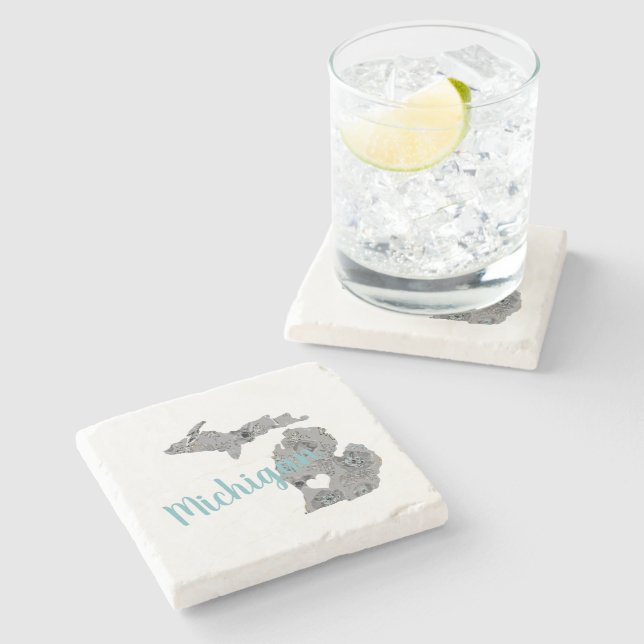 Michigan Floral Filled Silhouette With "Michigan" Stone Coaster (Side)