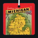 Michigan Greeting Map  Metal Ornament<br><div class="desc">Great vintage postcard of Michigan repurposed on an ornament.</div>