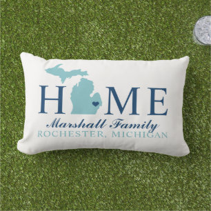 Michigan Home Aqua and Navy Custom Family Monogram Lumbar Pillow