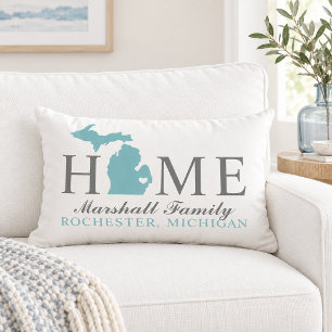 Michigan Home Aqua State Grey Family Monogram Lumbar Pillow