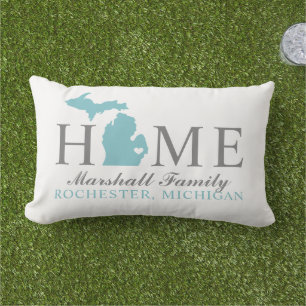 Michigan Home Aqua State Grey Family Monogram Lumbar Pillow