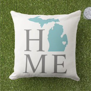 Michigan Home Aqua State Grey Text Outdoor Pillow