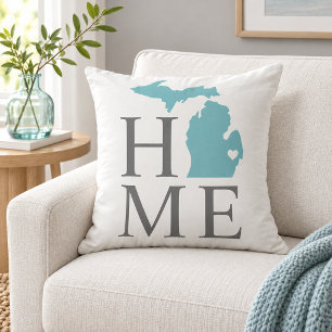 Michigan Home Aqua State Grey Text Throw Pillow