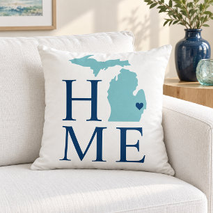 Michigan Home Aqua State Navy Text Throw Pillow