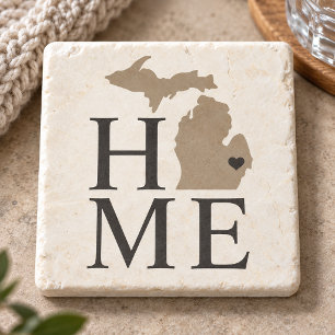 Michigan Home Beige and Grey Custom City Heart Stone Coaster