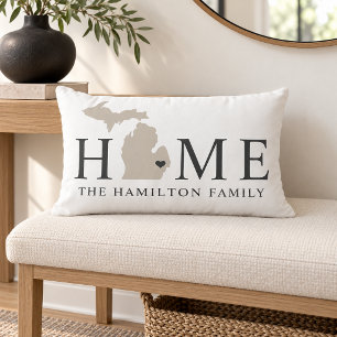 Michigan Home Beige Grey White Family Monogram Lumbar Pillow