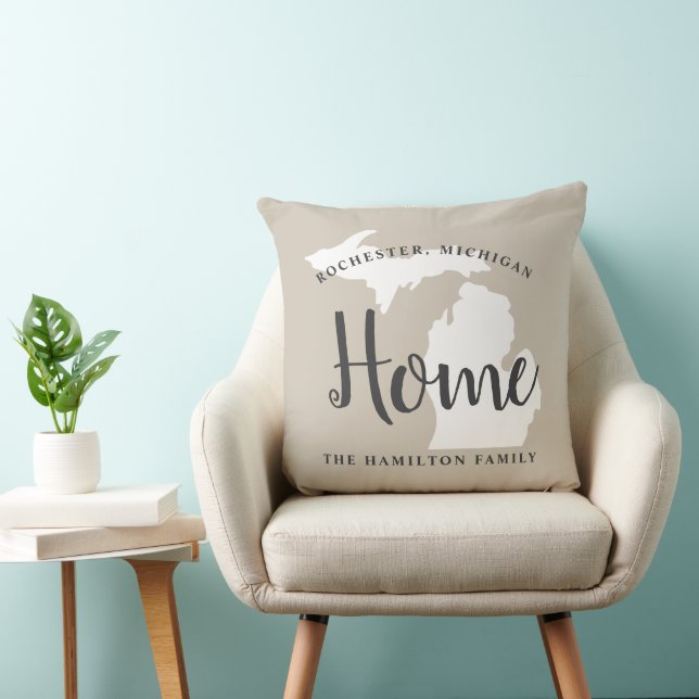 Michigan Home Beige Script Family Monogram Throw Pillow (Chair)