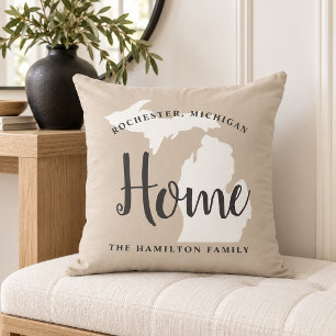 Michigan Home Beige Script Family Monogram Throw Pillow