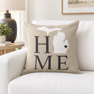 Michigan Home Beige White State Heart Throw Pillow