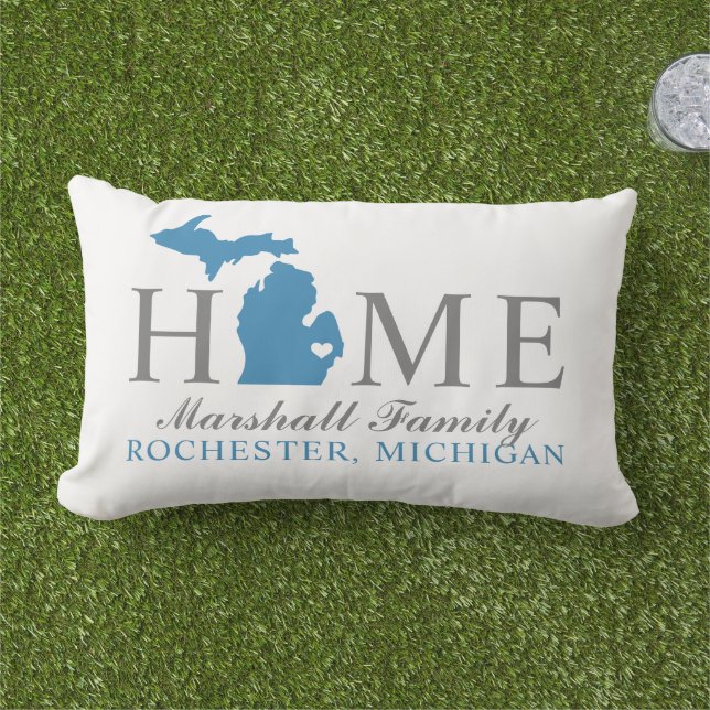Michigan Home Blue and Grey Custom Family Monogram Lumbar Pillow (Grass)