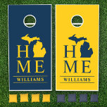 Michigan Home Blue and Maize Custom Monogram Cornhole Set<br><div class="desc">This unique state of Michigan family cornhole game set features a "Home" typography design accented with a silhouette of the upper and lower peninsulas of the mitten state, with custom text that can be personalized with your family's last name. Maize yellow design on a navy blue background colour with contrasting...</div>