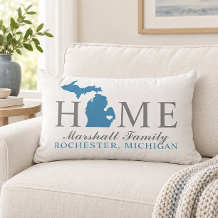 Michigan Home Blue State Grey Family Monogram Lumbar Pillow