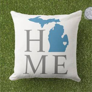 Michigan Home Blue State Grey Text Outdoor Pillow