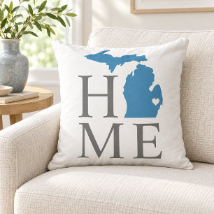 Michigan Home Blue State Grey Text Throw Pillow
