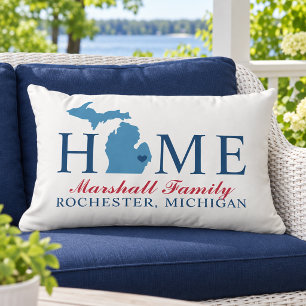 Michigan Home Blue State Red Script Family Lumbar Pillow