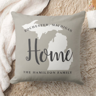 Michigan Home Grey Script Family Monogram Throw Pillow