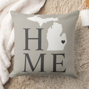 Michigan Home Grey White State Heart Throw Pillow