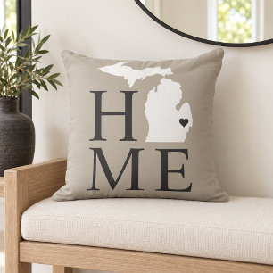 Michigan Home Grey White State Heart Throw Pillow