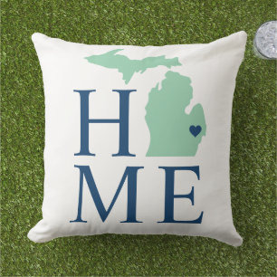 Michigan Home Mint and Navy Blue Custom City Heart Outdoor Pillow