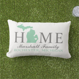 Michigan Home Mint State Grey Family Monogram Lumbar Pillow