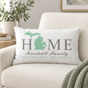 Michigan Home Mint State Grey Family Monogram Lumbar Pillow
