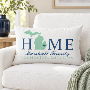 Michigan Home Mint State Navy Family Monogram Lumbar Pillow