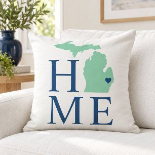 Michigan Home Mint State Navy Text Throw Pillow