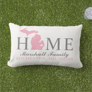 Michigan Home Pink State Grey Family Monogram Lumbar Pillow